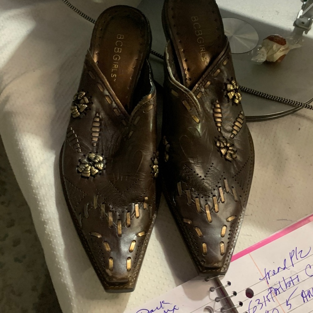 Brown Leather Mules with Gold Accents